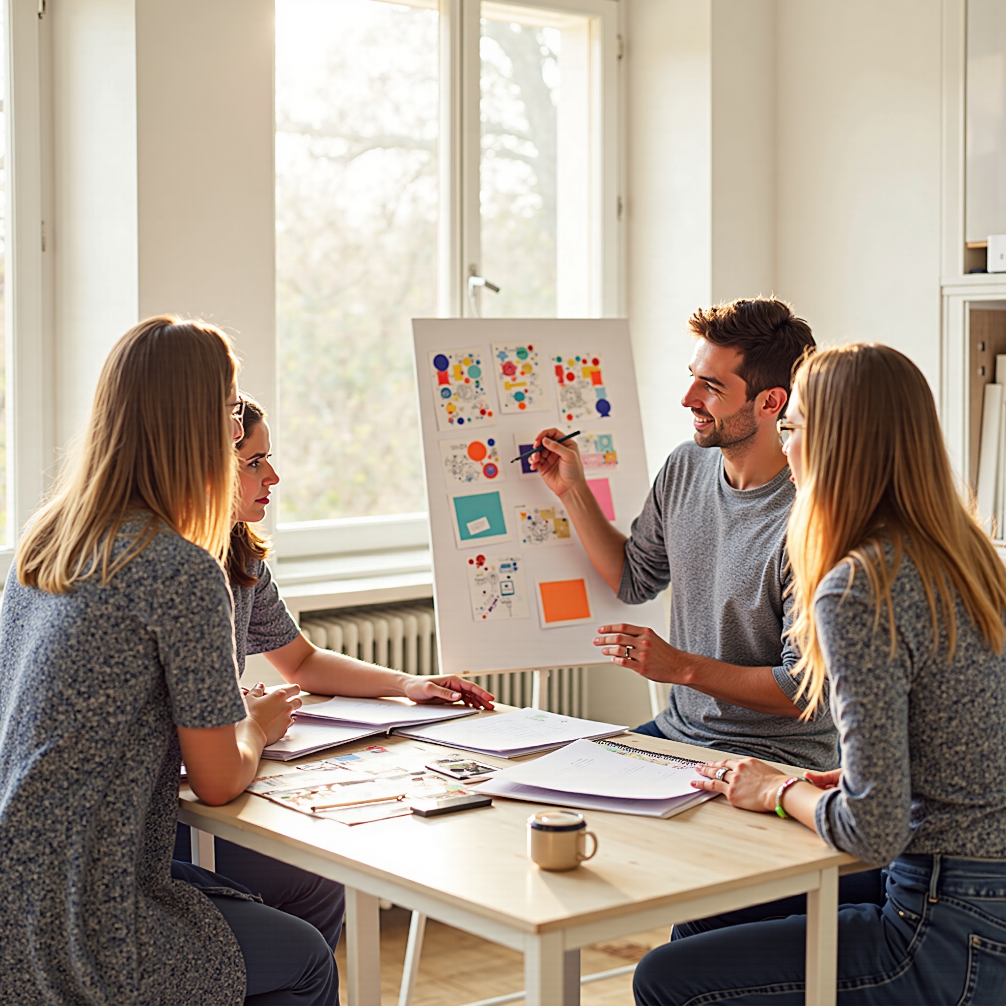 Team collaboration around a white table