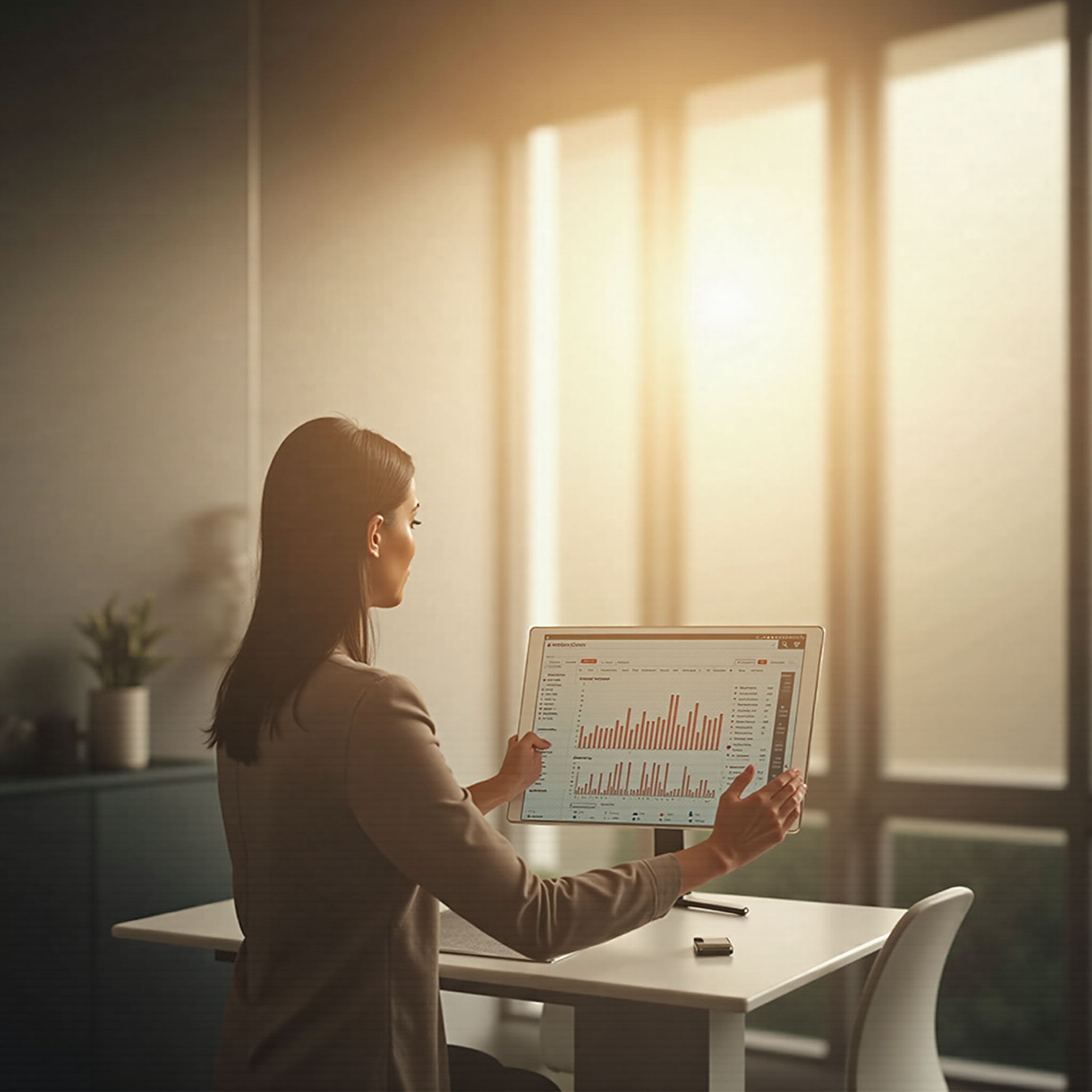 AI dashboard in a modern glass office